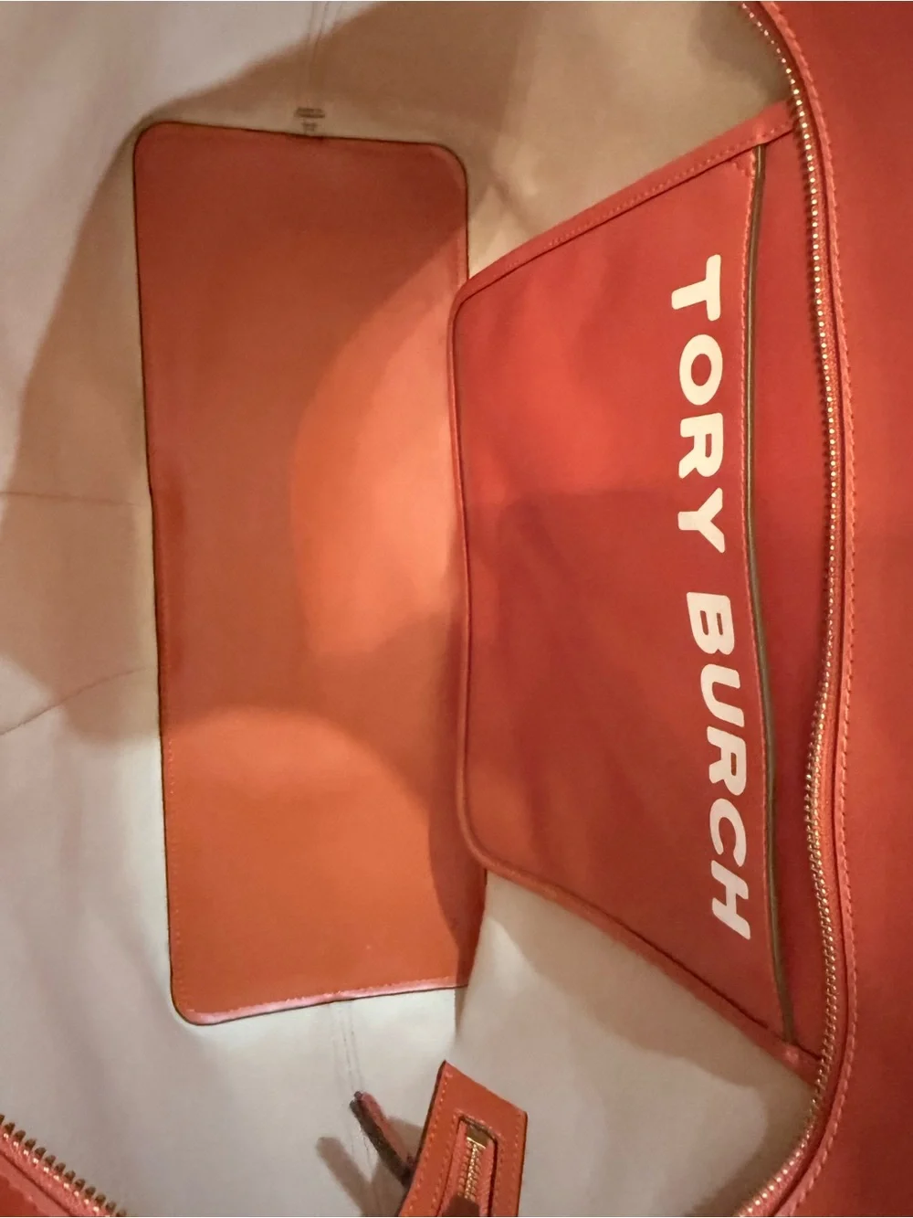 Tory Burch Dark Orange with Maroon and Cream Patterned Stripe Tote